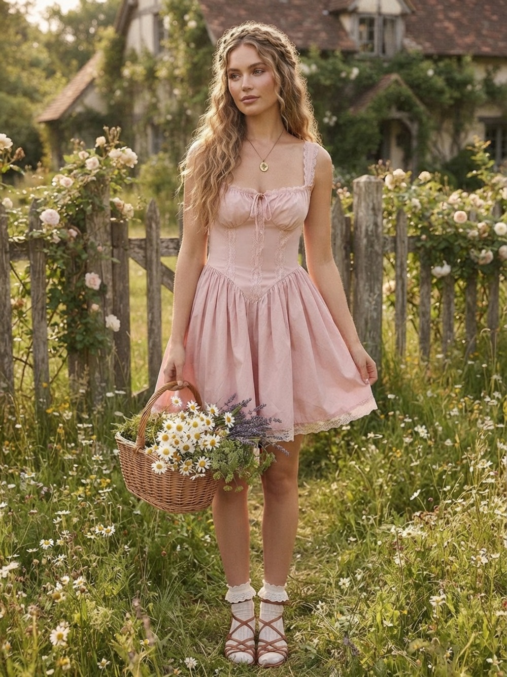 Pink Cottagecore Corset Skater Mini Dress Lace Trim Coquette L Babydoll Barbie